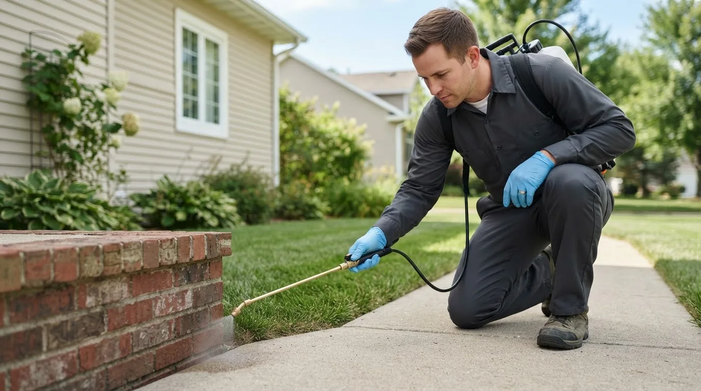 Pest control technician treating a home near Romance, AR