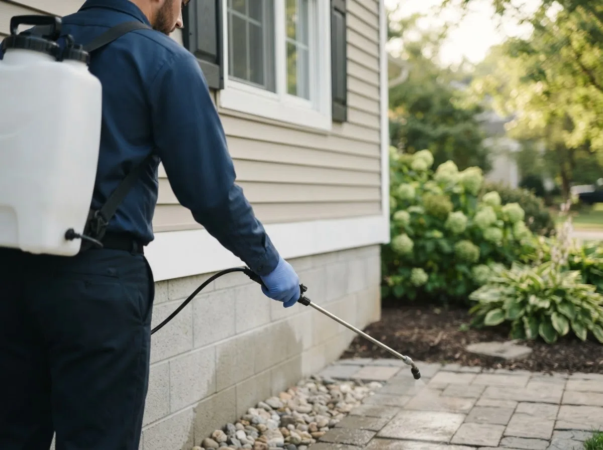 Pest control technician inspecting a home in Romance, AR